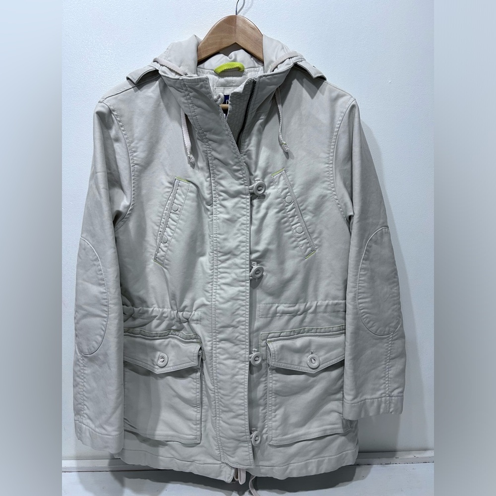 Gap Women’s Khaki Denim Hooded Utility Mid Length ‎ Jacket Multi-Pocket Size S